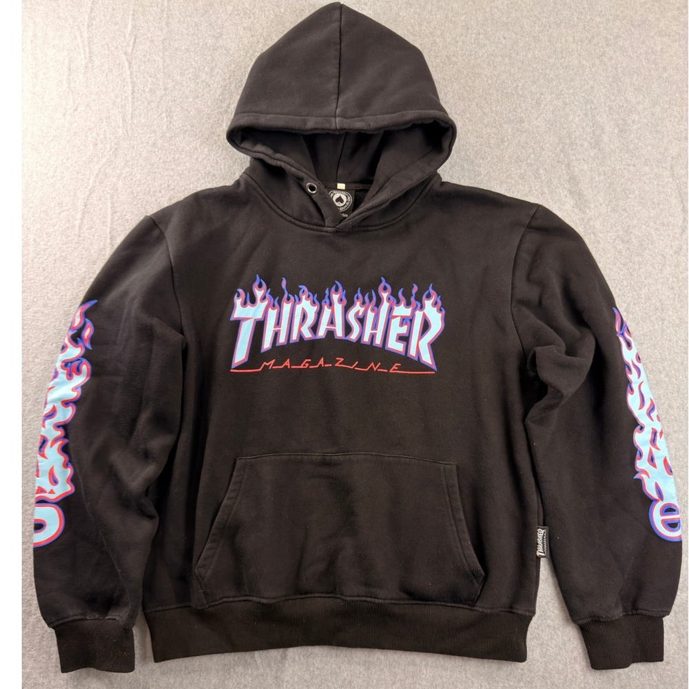 Supreme x Thrasher Magazine Flame Logo Hoodie Black Blue Purple Flames Mens L